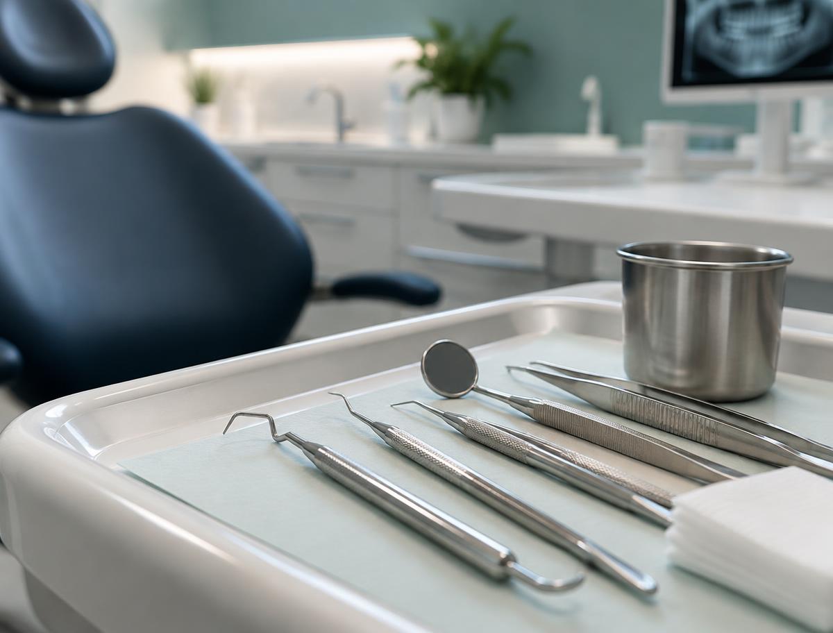 Clean dental instruments prepared on a tray in a modern treatment room