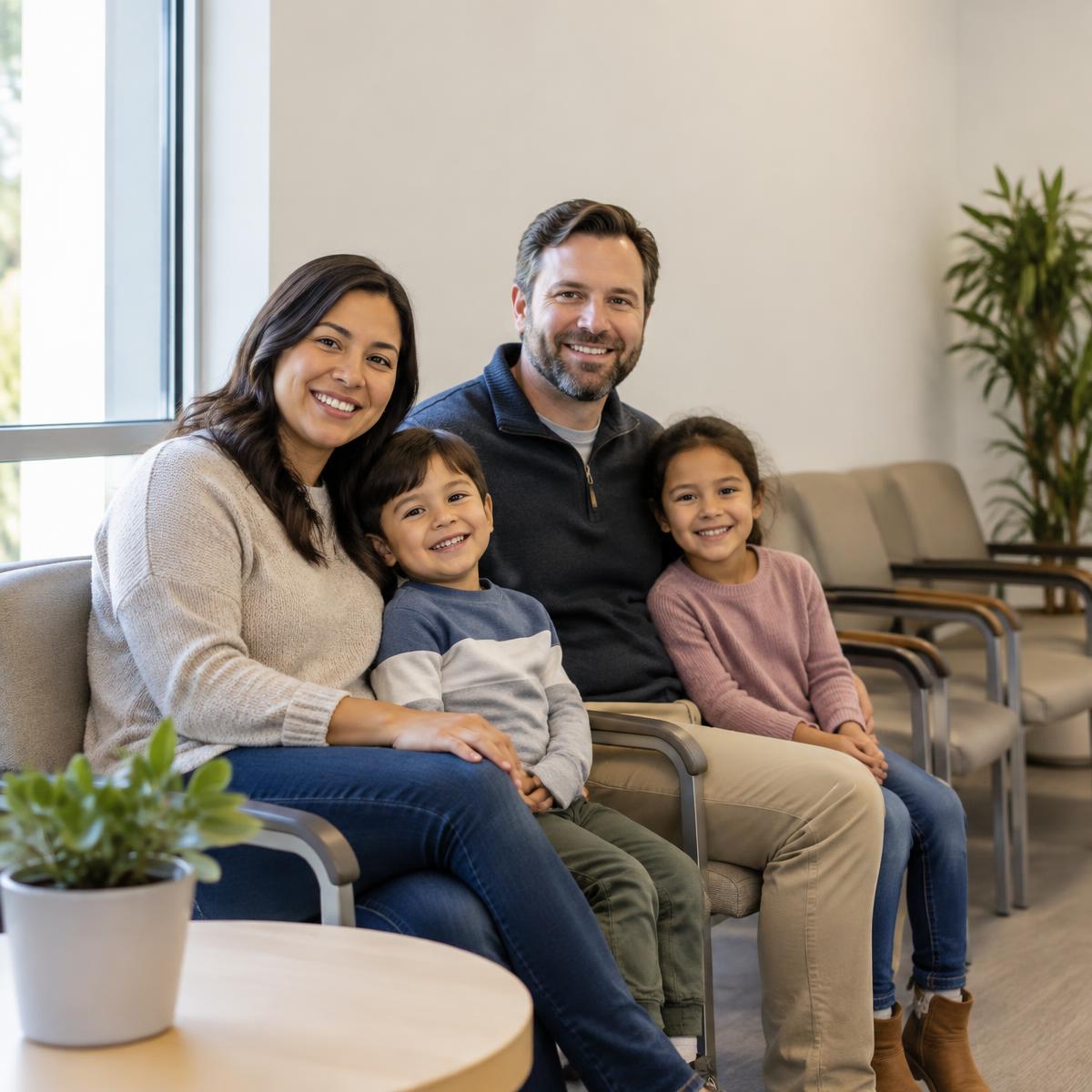 A family sitting together in a bright dental clinic waiting room